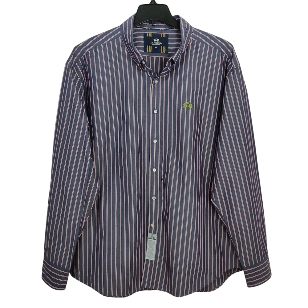 La Martina Button Down Shirt Mens Size XXL Striped Blue Red Embroidered Logo L/S